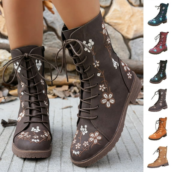 Mid Calf Boots Women Thick-Soled Low Heel Round Toe Booties with Zipper Lace-Up Fashion Casual Solid Color Comfortable Warm Fall Winter Shoes for Women Green 6