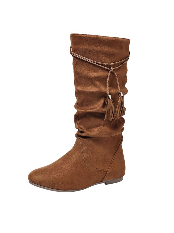 Mid Calf Boots for Women Boho Tassel Woven Flat Round Toe Casual Fall Winter Bohemian Ankle Booties