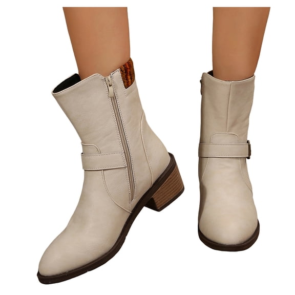 Mid Calf Boots for Women Chunky Heel Casual Slip On Pointed Toe Ankle Booties Buckle Strap Dress Boots