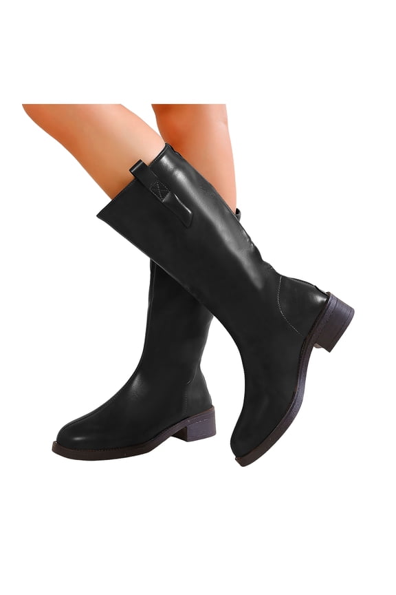 Mid Calf Boots for Women Fashion Stitching Leather Back Zipper Rhinestone Pull on Chunky Heel Long Riding Booties