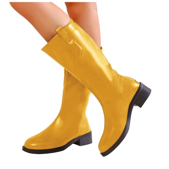 Mid Calf Boots for Women Fashion Stitching Leather Back Zipper Rhinestone Pull on Chunky Heel Long Riding Booties