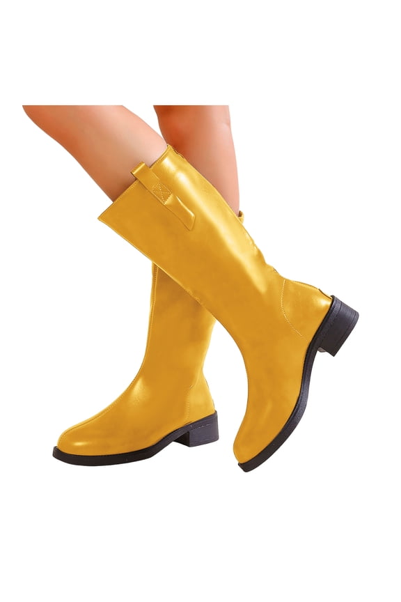 Mid Calf Boots for Women Fashion Stitching Leather Back Zipper Rhinestone Pull on Chunky Heel Long Riding Booties