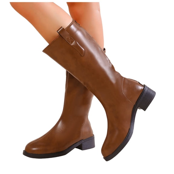 Mid Calf Boots for Women Fashion Stitching Leather Back Zipper Rhinestone Pull on Chunky Heel Long Riding Booties