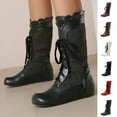 thumbnail image 1 of Mid Calf Boots for Women Flat Heel Round Toe Lace-Up Women's Flats Boots Women's Trendy Casual Outdoor Comfortable Warm Fall Winter Shoes Brown 9.5, 1 of 9