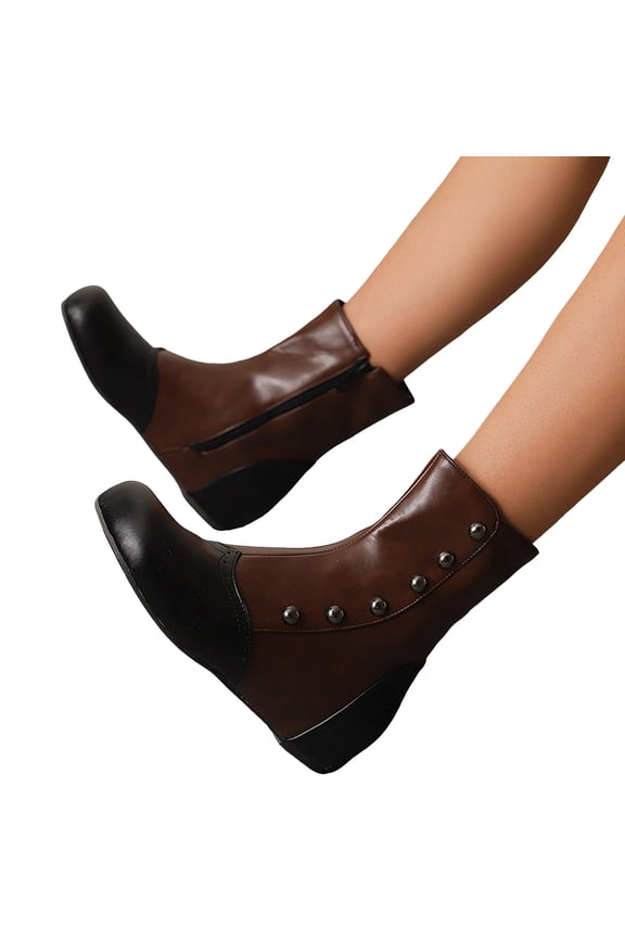 Mid Calf Boots for Women Hidden Wedge Low Heel Fashion Cap Toe Splice Leather Studded Zip up Winter Booties