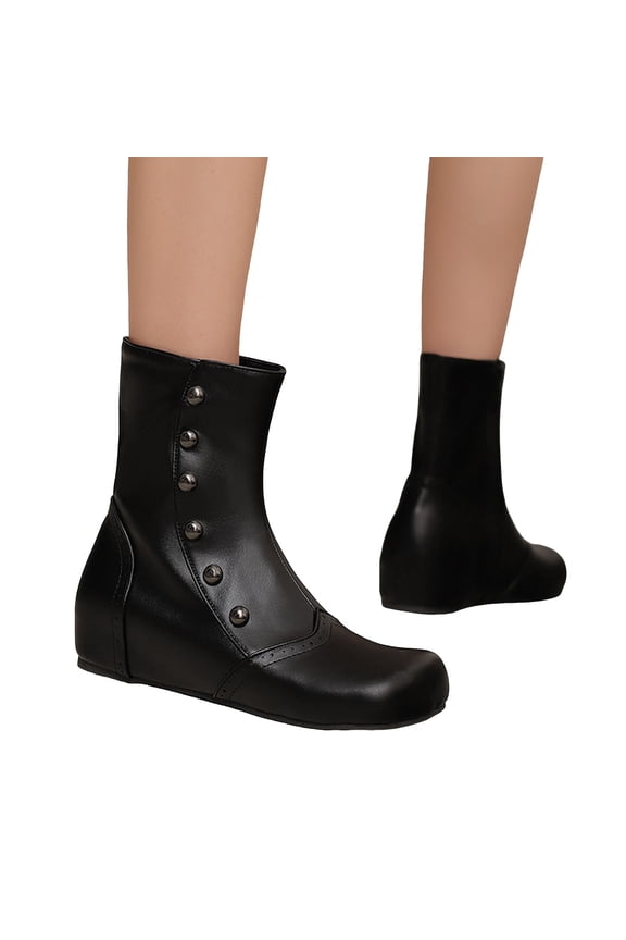 Mid Calf Boots for Women Hidden Wedge Low Heel Fashion Cap Toe Splice Leather Studded Zip up Winter Booties