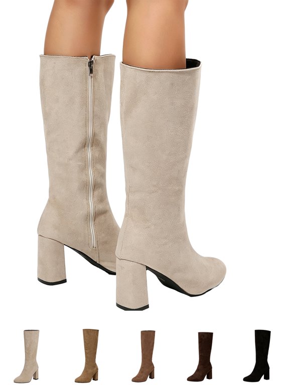 Mid Calf Boots for Women,Side Zipper Solid Color Chunky Block Heel Casual Elegant Fall Winter Boots for Office Work