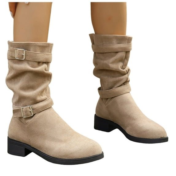Mid Calf Boots for Women Slouch Casual Suede Round Toe Buckle Chunky Heel Winter Fall Platform Boots