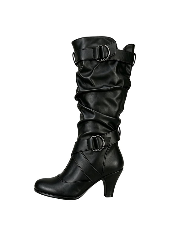 Mid Calf Boots for Women Slouch Faux Leather Buckle Side Zip Chunky Heel Riding Booties Fall Winter