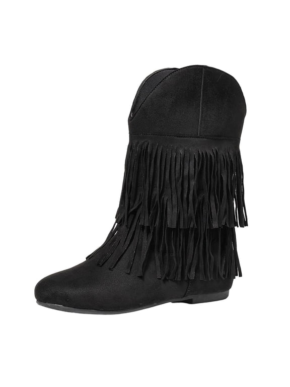 Mid Calf Boots for Women Suede Fringe Short Booties Round Toe Low Heel Casual Fall Winter Daily Shoes Black 6.5