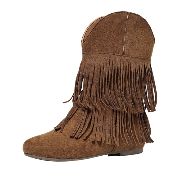 Mid Calf Boots for Women Suede Fringe Short Booties Round Toe Low Heel Casual Fall Winter Daily Shoes Brown 5.5