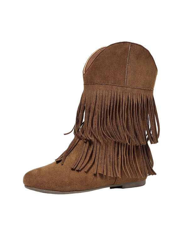 Mid Calf Boots for Women Suede Fringe Short Booties Round Toe Low Heel Casual Fall Winter Daily Shoes Brown 6