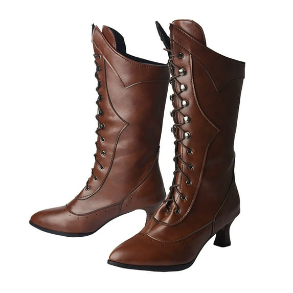 Mid Calf Boots for Women Vintage Leather Pointed Toe Kitten Heel Dress Wide Calf Booties