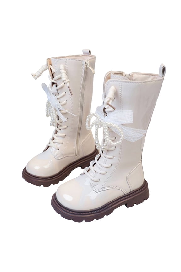 Mid Calf Combat Boots for Girls Waterproof Leather Winter Warm Lace up Side Zipper High Top Booties Sweet Pearl Bow Princess Dress Boots 1 Big Kid White