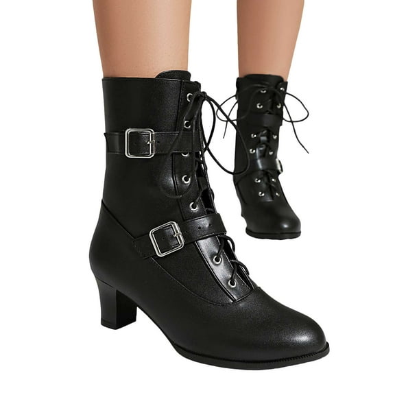 Mid Calf Combat Boots for Women 20205 Black White Leather Buckle Lace up Kitten Heels Short Dress Ankle Booties