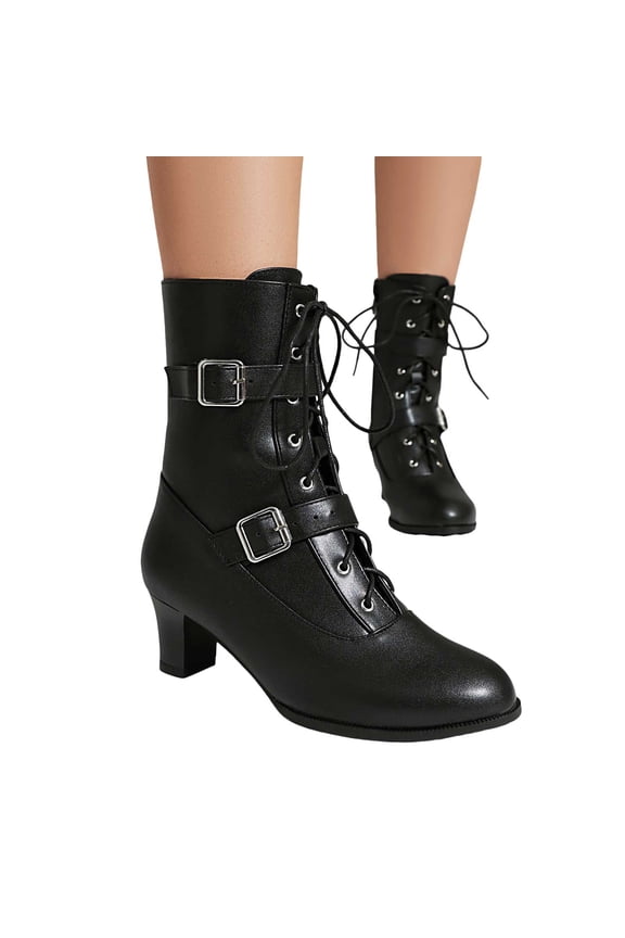 Mid Calf Combat Boots for Women 20205 Black White Leather Buckle Lace up Kitten Heels Short Dress Ankle Booties