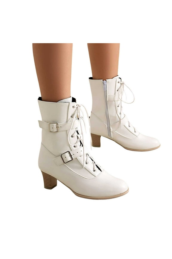 Mid Calf Combat Boots for Women 20205 Black White Leather Buckle Lace up Kitten Heels Short Dress Ankle Booties