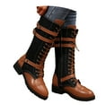 thumbnail image 1 of Mid Calf Combat Boots for Women Vintage Casual Leather Suede Denim Patchwork Lace up Knee High Motorcycle Riding Tall Booties with Side Zipper, 1 of 7