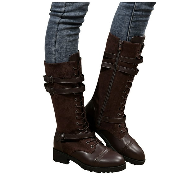 Mid Calf Combat Boots for Women Vintage Casual Leather Suede Denim Patchwork Lace up Knee High Motorcycle Riding Tall Booties with Side Zipper