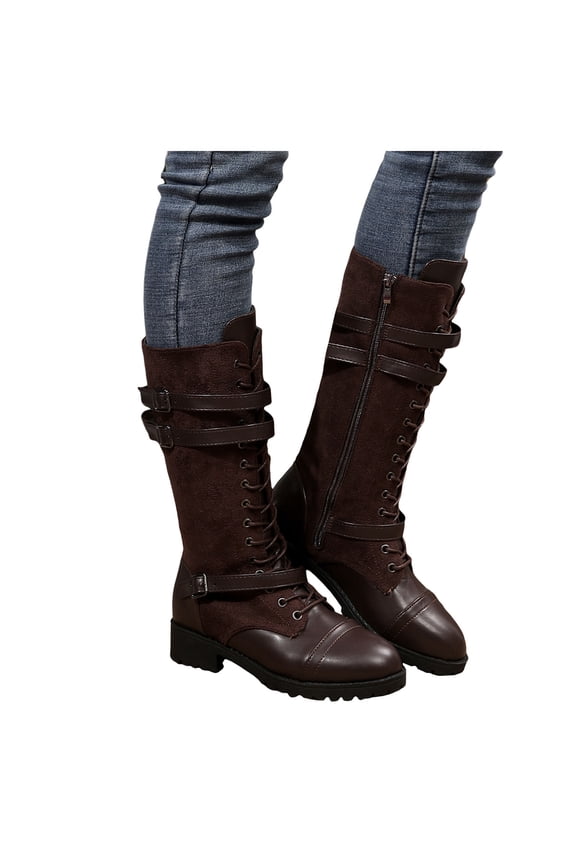 Mid Calf Combat Boots for Women Vintage Casual Leather Suede Denim Patchwork Lace up Knee High Motorcycle Riding Tall Booties with Side Zipper