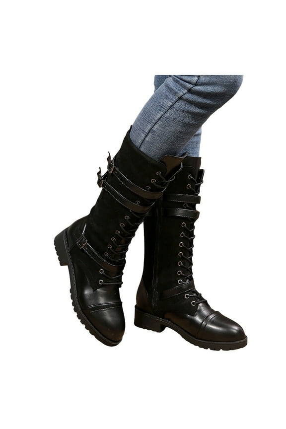 Mid Calf Combat Boots for Women Vintage Casual Leather Suede Denim Patchwork Lace up Knee High Motorcycle Riding Tall Booties with Side Zipper
