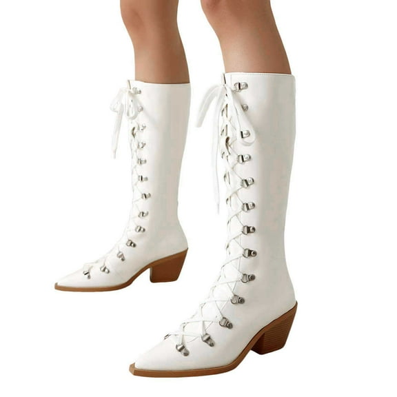 Mid Calf Combat Boots for Women Vintage Medieval Leather Lace up Pointed Toe Strappy Chunky Heel Knee High Tall Boots White