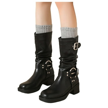 Mid Calf Combat Riding Boots for Women Slouchy Leather Buckle Square Toe Chunky Heel Winter Fall Tall Boots Black