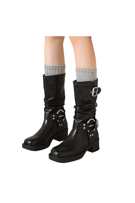 Mid Calf Combat Riding Boots for Women Slouchy Leather Buckle Square Toe Chunky Heel Winter Fall Tall Boots Black