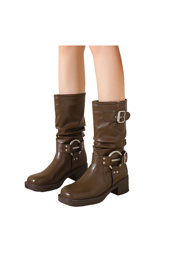 Mid Calf Combat Riding Boots for Women Slouchy Leather Buckle Square Toe Chunky Heel Winter Fall Tall Boots Brown