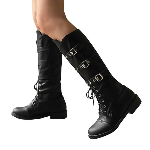 Mid Calf Combat Riding Boots for Women Vintage Casual Buckles Leather Lace up Low Heel Knee High Long Tall Boots