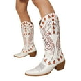 thumbnail image 1 of Mid Calf Cowboy Boots for Women Fashion Flame Embroidery Chunky Stacked Heel Pointed Toe Pull on Western Country Concert Cowgirl Boots White 9, 1 of 5
