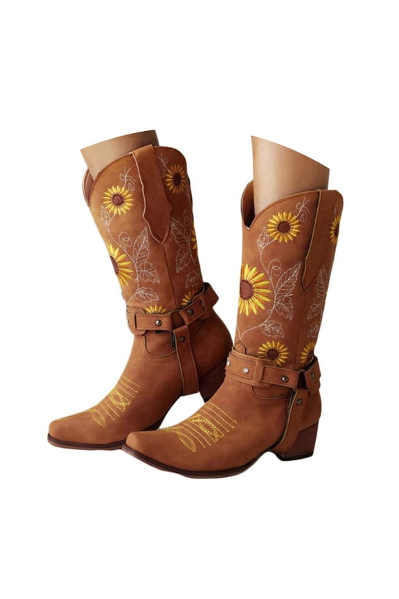 Mid Calf Cowboy Boots for Women Sunflower Floral Embroidery Stacked Heel Long Booties Pointed Toe Pull on Western Riding Boots