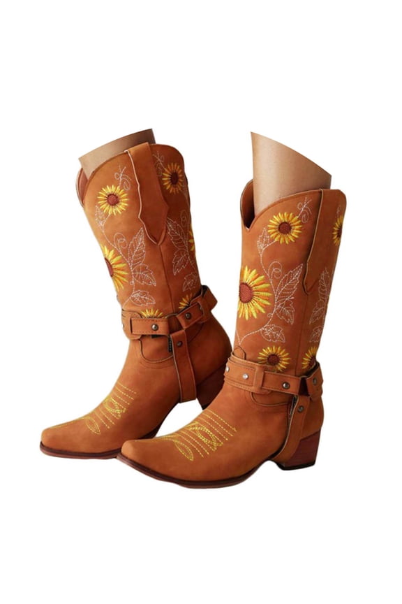 Mid Calf Cowboy Boots for Women Sunflower Floral Embroidery Stacked Heel Long Booties Pointed Toe Pull on Western Riding Boots