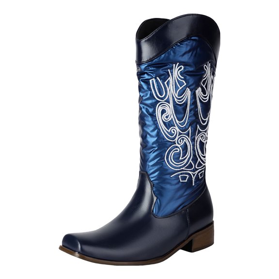 Mid Calf Cowboy Boots for Women Wide Calf Vintage Embroidery Western Cowgirl Booties Fashion Pointed Toe Riding Boots Blue Size 5.5