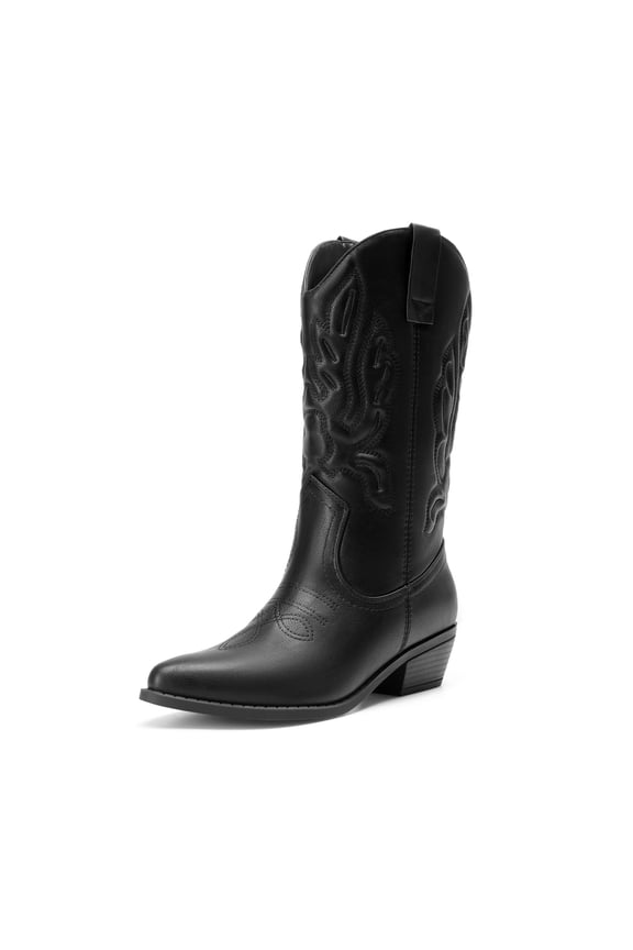 Mid Calf Cowgirl Boots Women Western Style Embroidered Stitching Pointed Toe Slip On Lightweight for Everyday Wear and Riding