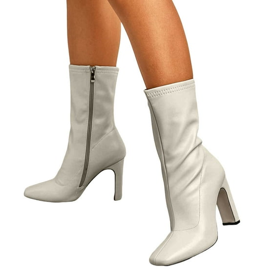 Mid Calf Dress Boots for Women 2025 Fashion Slouchy Black Leather Square Toe High Heel Winter Fall Short Booties with Side Zipper