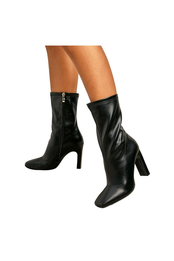 Mid Calf Dress Boots for Women Black Leather Pointed Toe High Heels Dressy Pumps Winter Fall Short Booties