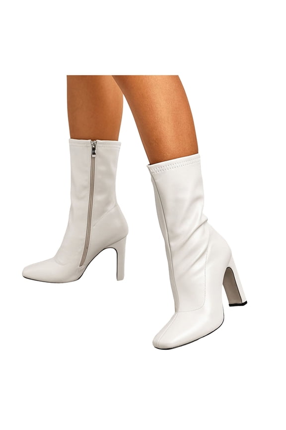 Mid Calf Dress Boots for Women Black Leather Pointed Toe High Heels Dressy Pumps Winter Fall Short Booties