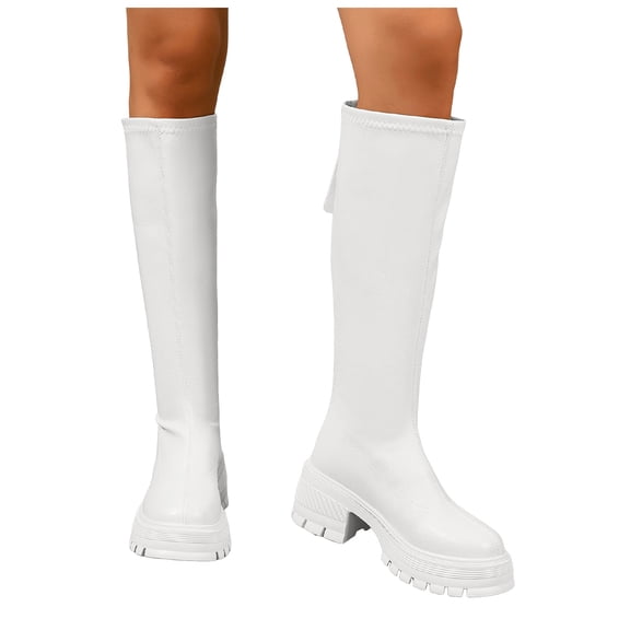 Mid Calf Gogo Boots for Women Trendy Sexy Platform Chunky Heel Back Zipper Winter Long Booties