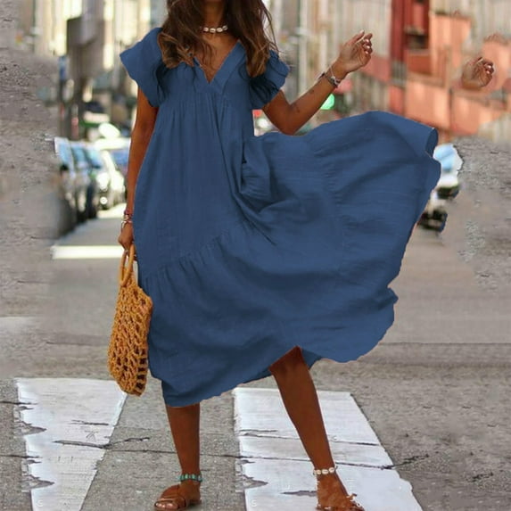 Mid-Calf Hem Neck Soild Short Irregular Sleeve Women Colour Dress Chiffon V Women's Dress Long Dress Casual for Women Dress Ruffles Women Womens Dresses Casual Summer Midi Length Midi Dress for Women