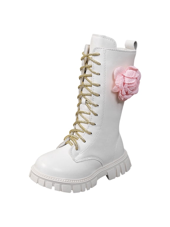 Mid Calf Riding Boots for Toddler Girl 3D Flower High Top Fall Booties Princess Dressy Lace up Tall Boot