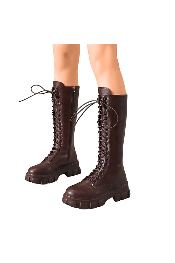Mid Calf Riding Boots for Women Fashion Leather Platform Lace up Zipper Long Combat Booties