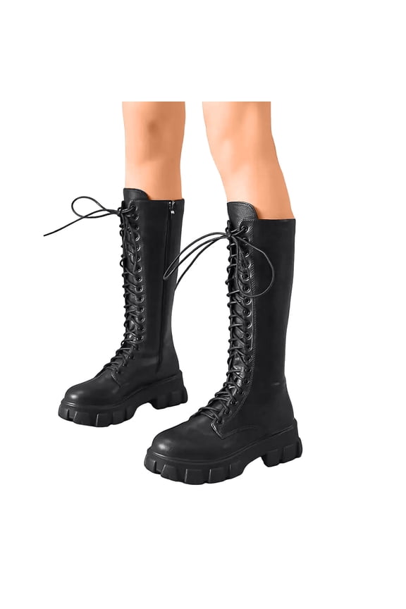 Mid Calf Riding Boots for Women Fashion Leather Platform Lace up Zipper Long Combat Booties