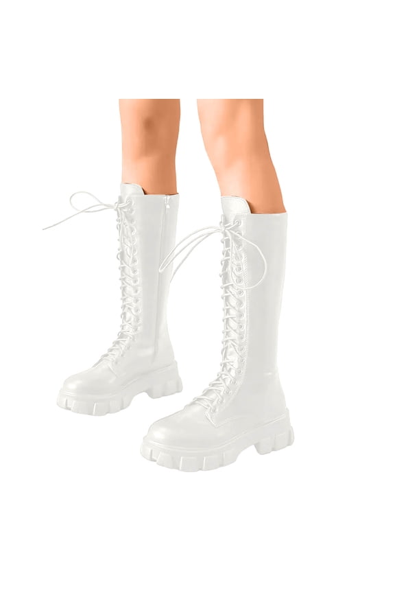 Mid Calf Riding Boots for Women Fashion Leather Platform Lace up Zipper Long Combat Booties