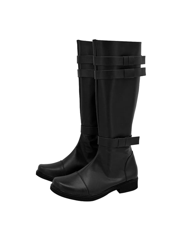 Mid Calf Riding Boots for Women Men Festival Costume Dress Knee High Boots Retro Strappy Low Heel Wide Calf Long Booties Black 10.5