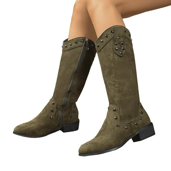 Mid Calf Riding Boots for Women Retro Studded Splice Suede Stacked Heel Pointed Toe Fashion Dress Fall Winter Long Booties
