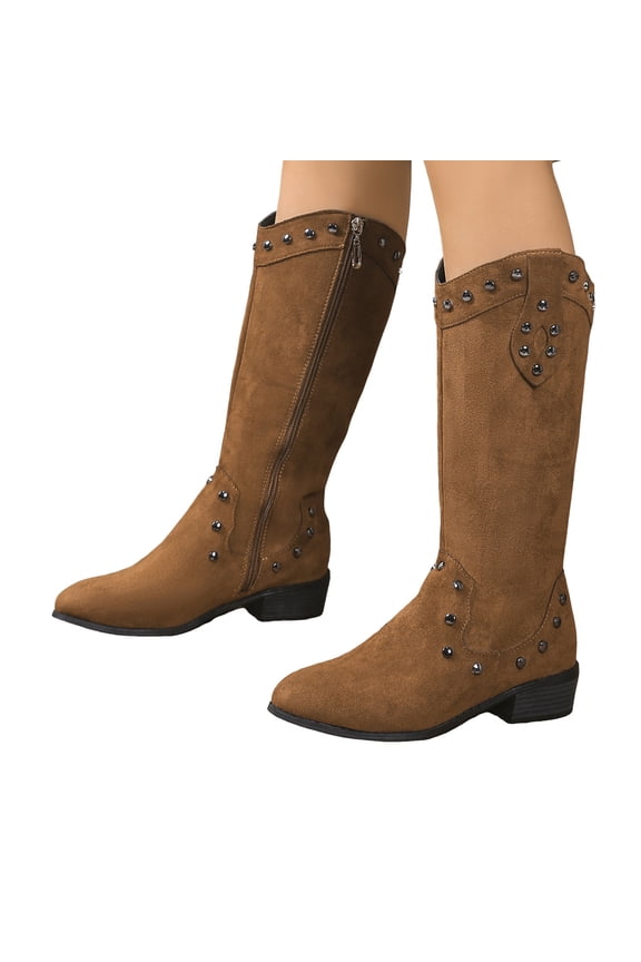 Mid Calf Riding Boots for Women Retro Studded Splice Suede Stacked Heel Pointed Toe Fashion Dress Fall Winter Long Booties
