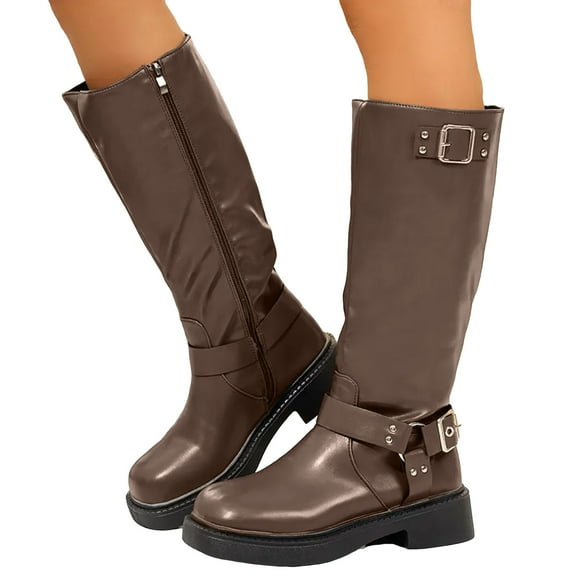 Mid Calf Riding Boots for Women Trendy Leather Buckle Strappy Round Toe Chunky Winter Long Booties