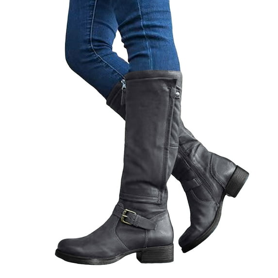 Mid Calf Riding Boots for Women Vintage Waterproof Leather Chunky Heel Round Toe Zipper Winter Warm Long Booties