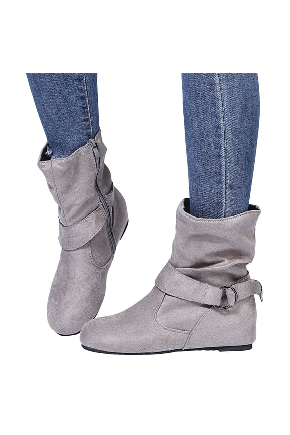 Mid Calf Slouchy Boots for Women Fashion Casual Buckle Suede Round Toe Flats No Heels Short Booties Winter Fall